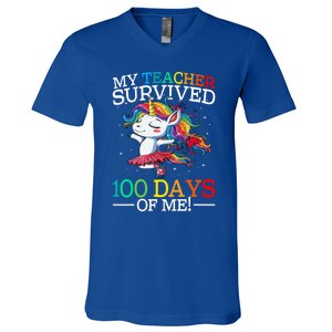 My Teacher Survived 100 Days Of Me Unicorn Gift V-Neck T-Shirt