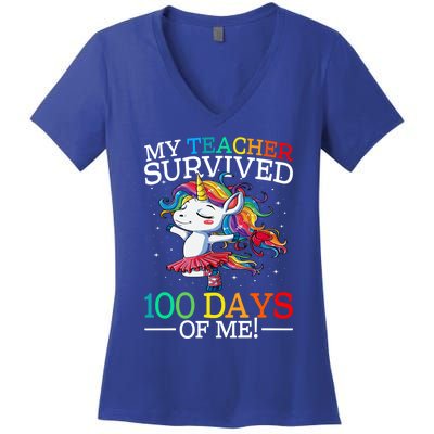 My Teacher Survived 100 Days Of Me Unicorn Gift Women's V-Neck T-Shirt