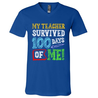 My Teacher Survived 100 Days Of Me 100 School Days Gift V-Neck T-Shirt