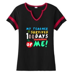 My Teacher Survived 100 Days Of Me Funny School Ladies Halftime Notch Neck Tee