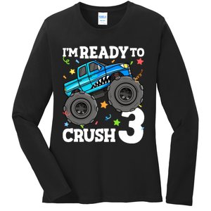 Monster Truck Shark 3rd Birthday Boy 3 Three Ladies Long Sleeve Shirt