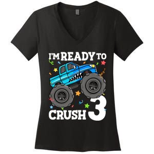 Monster Truck Shark 3rd Birthday Boy 3 Three Women's V-Neck T-Shirt