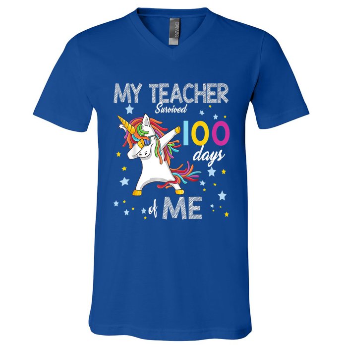 My Teacher Survived 100 Days Of Me 100th Day School Unicorn Cool Gift V-Neck T-Shirt