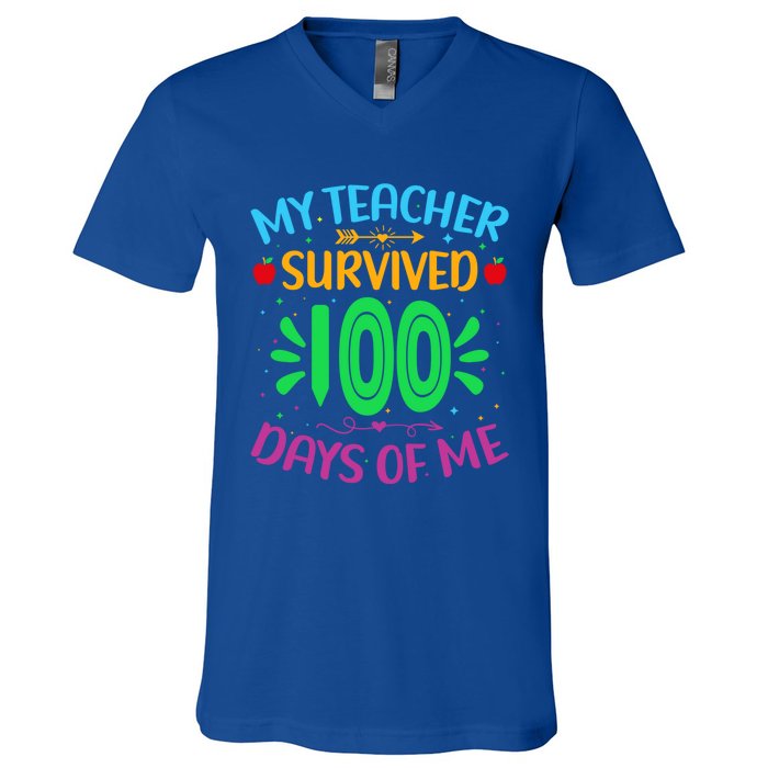 My Teacher Survived 100 Days Of Me Funny 100th Day Of School Gift V-Neck T-Shirt