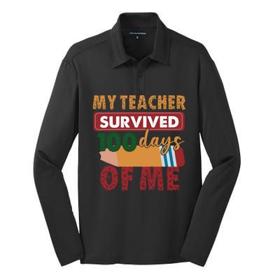 My Teacher Survived 100 Days Of Me Funny Student 100 Days Gift Silk Touch Performance Long Sleeve Polo