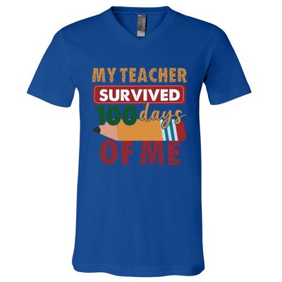 My Teacher Survived 100 Days Of Me Funny Student 100 Days Gift V-Neck T-Shirt