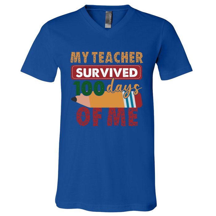 My Teacher Survived 100 Days Of Me Funny Student 100 Days Gift V-Neck T-Shirt