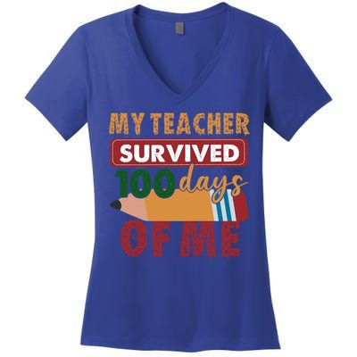 My Teacher Survived 100 Days Of Me Funny Student 100 Days Gift Women's V-Neck T-Shirt