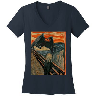 Mothman The Scream Mashup WV Cryptid Art Women's V-Neck T-Shirt