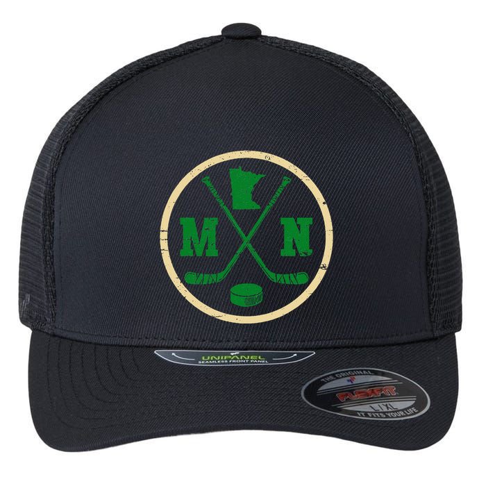 Mn The State Of Hockey Player Retro Minnesota Mn Ice Hockey Flexfit Unipanel Trucker Cap