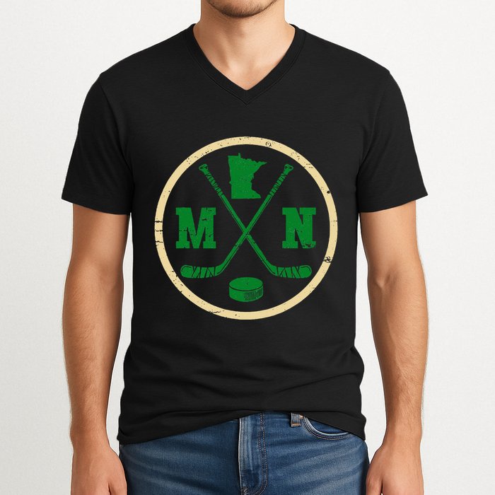 Mn The State Of Hockey Player Retro Minnesota Mn Ice Hockey V-Neck T-Shirt