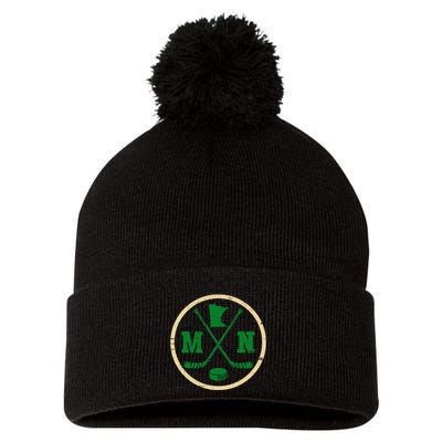Mn The State Of Hockey Player Retro Minnesota Mn Ice Hockey Pom Pom 12in Knit Beanie