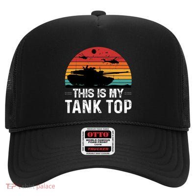 Military Tank Sunset Graphic High Crown Mesh Back Trucker Hat