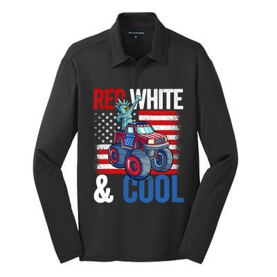 Monster Truck Statue Liberty 4th Of July Boy American Flag Silk Touch Performance Long Sleeve Polo