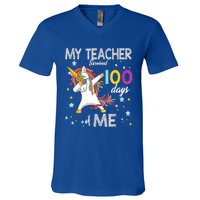 My Teacher Survived 100 Days Of Me 100th Day School Unicorn Meaningful Gift V-Neck T-Shirt