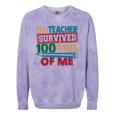 My Teacher Survived 100 Days Of Me Blue Colored Pencils Gift Colorblast Crewneck Sweatshirt