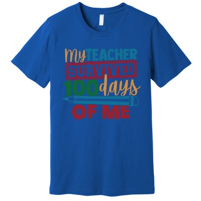 My Teacher Survived 100 Days Of Me Blue Colored Pencils Gift Premium T-Shirt