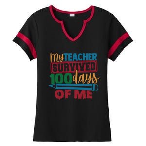 My Teacher Survived 100 Days Of Me Blue Colored Pencils Gift Ladies Halftime Notch Neck Tee