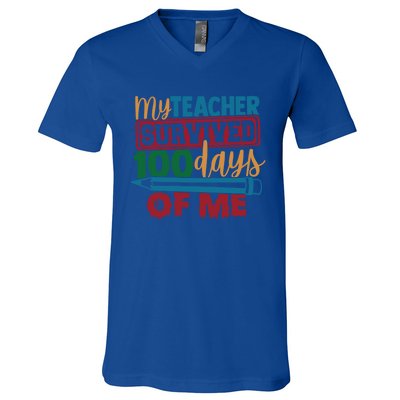 My Teacher Survived 100 Days Of Me Blue Colored Pencils Gift V-Neck T-Shirt