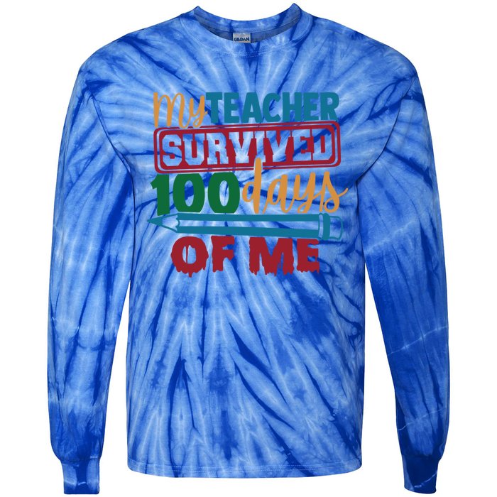 My Teacher Survived 100 Days Of Me Blue Colored Pencils Gift Tie-Dye Long Sleeve Shirt