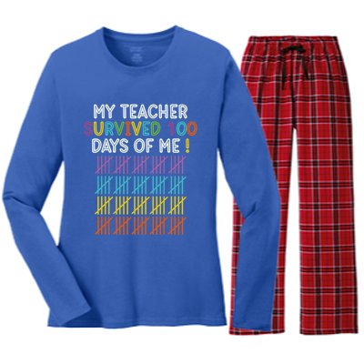 My Teacher Survived 100 Days Of Me Funny 100th Day Of School Gift Women's Long Sleeve Flannel Pajama Set 