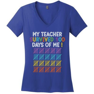 My Teacher Survived 100 Days Of Me Funny 100th Day Of School Gift Women's V-Neck T-Shirt