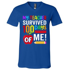 My Teacher Survived 100 Days Of Me Funny Kindergarten Gift V-Neck T-Shirt