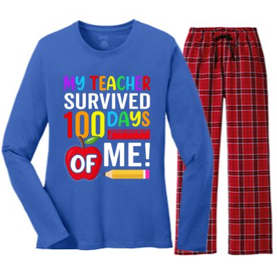 My Teacher Survived 100 Days Of Me Funny Kindergarten Gift Women's Long Sleeve Flannel Pajama Set 