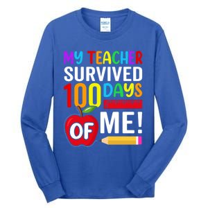 My Teacher Survived 100 Days Of Me Funny Kindergarten Gift Tall Long Sleeve T-Shirt