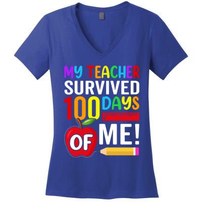 My Teacher Survived 100 Days Of Me Funny Kindergarten Gift Women's V-Neck T-Shirt