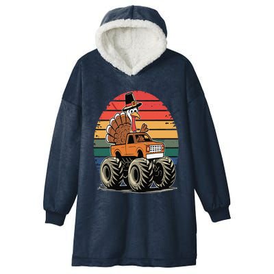 Monster Truck Turkey Sunset Retro Thanksgiving Hooded Wearable Blanket