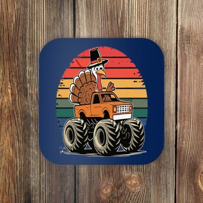 Monster Truck Turkey Sunset Retro Thanksgiving Coaster