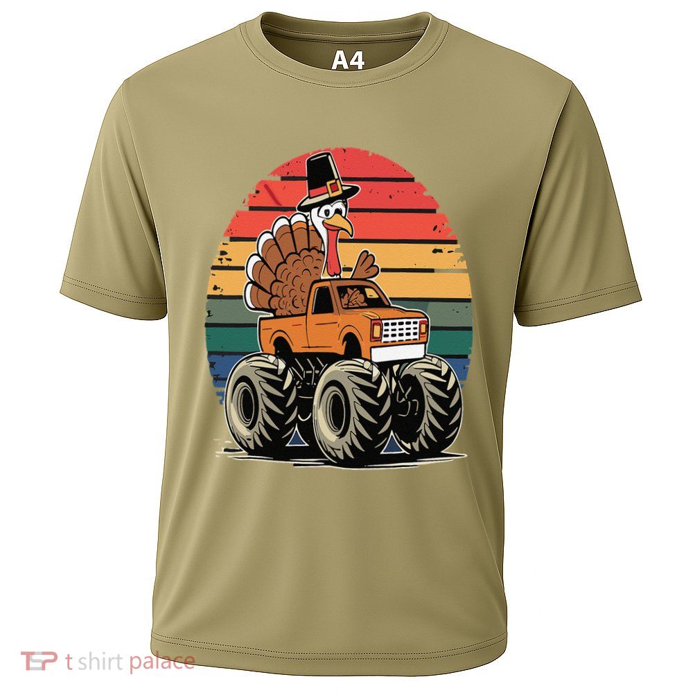 Monster Truck Turkey Sunset Retro Thanksgiving Cooling Performance Crew T-Shirt