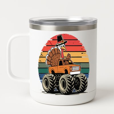 Monster Truck Turkey Sunset Retro Thanksgiving 12 oz Stainless Steel Tumbler Cup