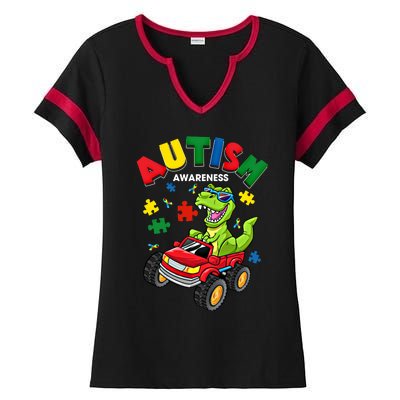 Monster Truck Trex Dinosaur Autism Awareness Gift Ladies Halftime Notch Neck Tee