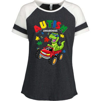 Monster Truck Trex Dinosaur Autism Awareness Gift Enza Ladies Jersey Colorblock Tee