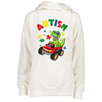 Monster Truck Trex Dinosaur Autism Awareness Gift Womens Funnel Neck Pullover Hood