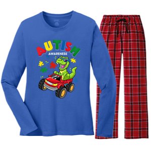 Monster Truck Trex Dinosaur Autism Awareness Gift Women's Long Sleeve Flannel Pajama Set 