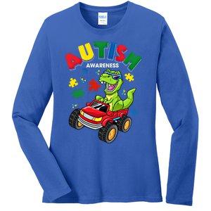 Monster Truck Trex Dinosaur Autism Awareness Gift Ladies Long Sleeve Shirt