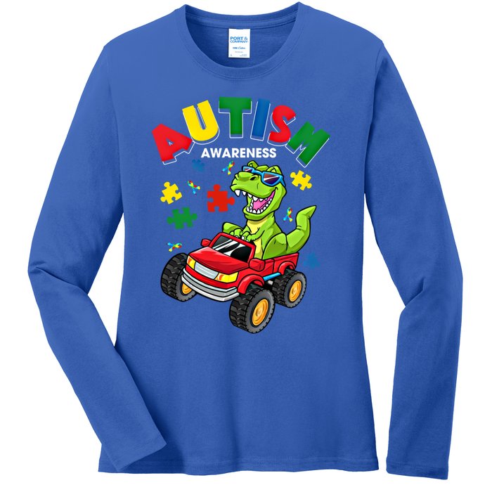 Monster Truck Trex Dinosaur Autism Awareness Gift Ladies Long Sleeve Shirt