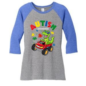 Monster Truck Trex Dinosaur Autism Awareness Gift Women's Tri-Blend 3/4-Sleeve Raglan Shirt