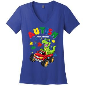 Monster Truck Trex Dinosaur Autism Awareness Gift Women's V-Neck T-Shirt