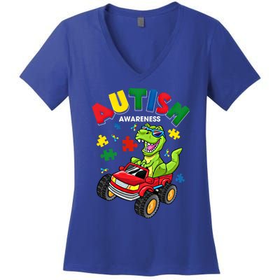 Monster Truck Trex Dinosaur Autism Awareness Gift Women's V-Neck T-Shirt