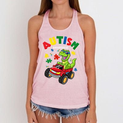 Monster Truck Trex Dinosaur Autism Awareness Gift Women's Knotted Racerback Tank