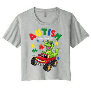 Monster Truck Trex Dinosaur Autism Awareness Gift Women's Crop Top Tee