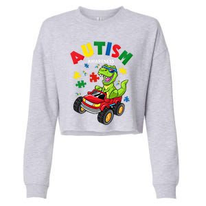 Monster Truck Trex Dinosaur Autism Awareness Gift Cropped Pullover Crew