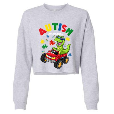 Monster Truck Trex Dinosaur Autism Awareness Gift Cropped Pullover Crew