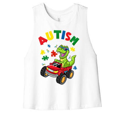 Monster Truck Trex Dinosaur Autism Awareness Gift Women's Racerback Cropped Tank