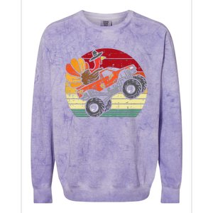 Monster Truck Turkey Sunset Retro Thanksgiving Colorblast Crewneck Sweatshirt