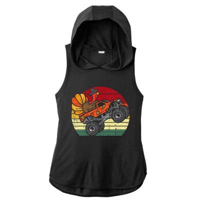 Monster Truck Turkey Sunset Retro Thanksgiving Ladies PosiCharge Tri-Blend Wicking Draft Hoodie Tank